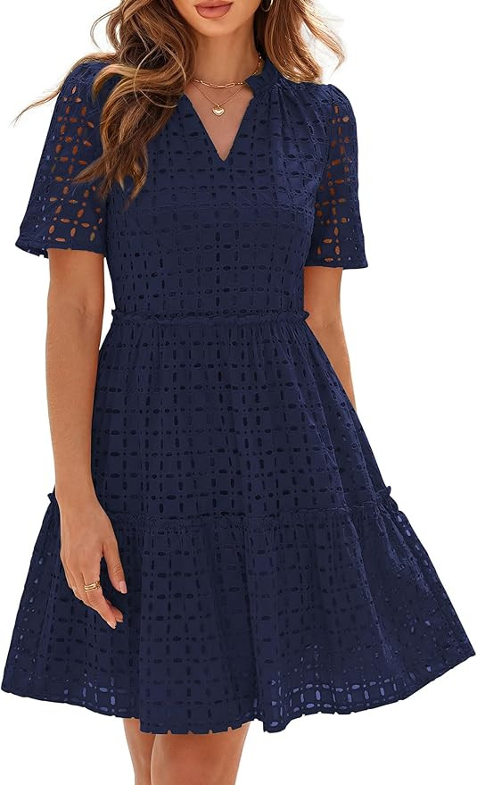 PRETTYGARDEN Eyelet Dresses for Women 2026 Summer Short Sleeve V Neck Hollow Out Ruffle A Line Bo... | Amazon (US)