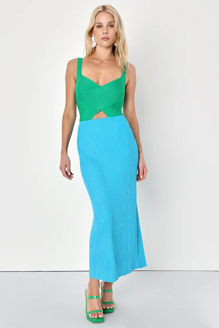 Flirty Pairing Green and Blue Color Block Ribbed Cutout Dress | Lulus