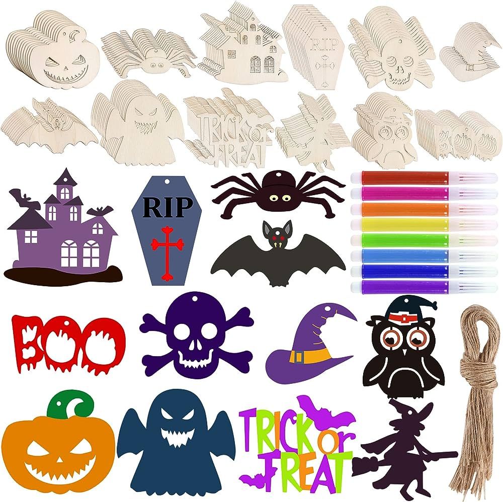 JUNEBRUSHS 60PCS Halloween Wooden Ornaments Blanks Pendants Unfinished Wood Slices Bats Spiders P... | Amazon (US)