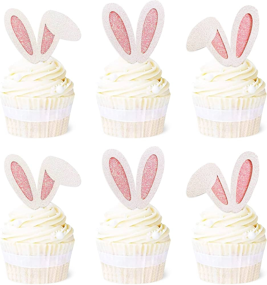 Ercadio 24 Pack Easter Bunny Ear Cupcake Toppers, Glitter Rabbit Ears Cupcake Picks, Easter Day C... | Amazon (US)