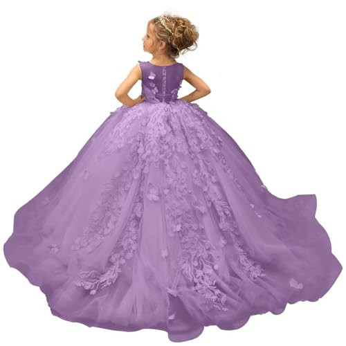 Ibpdea Lace Applique Flower Girl Dresses Tulle Ball Gown 3D Butterfly Princess Pageant Dress Wisteria Size 10 | Amazon (US)