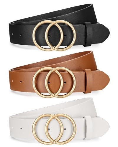 XZQTIVE 3 Packs Women's Leather Belts For Jeans Dresses Pants Fashion Ladies Waist Belt with Double O-Ring Gold Buckle | Amazon (US)