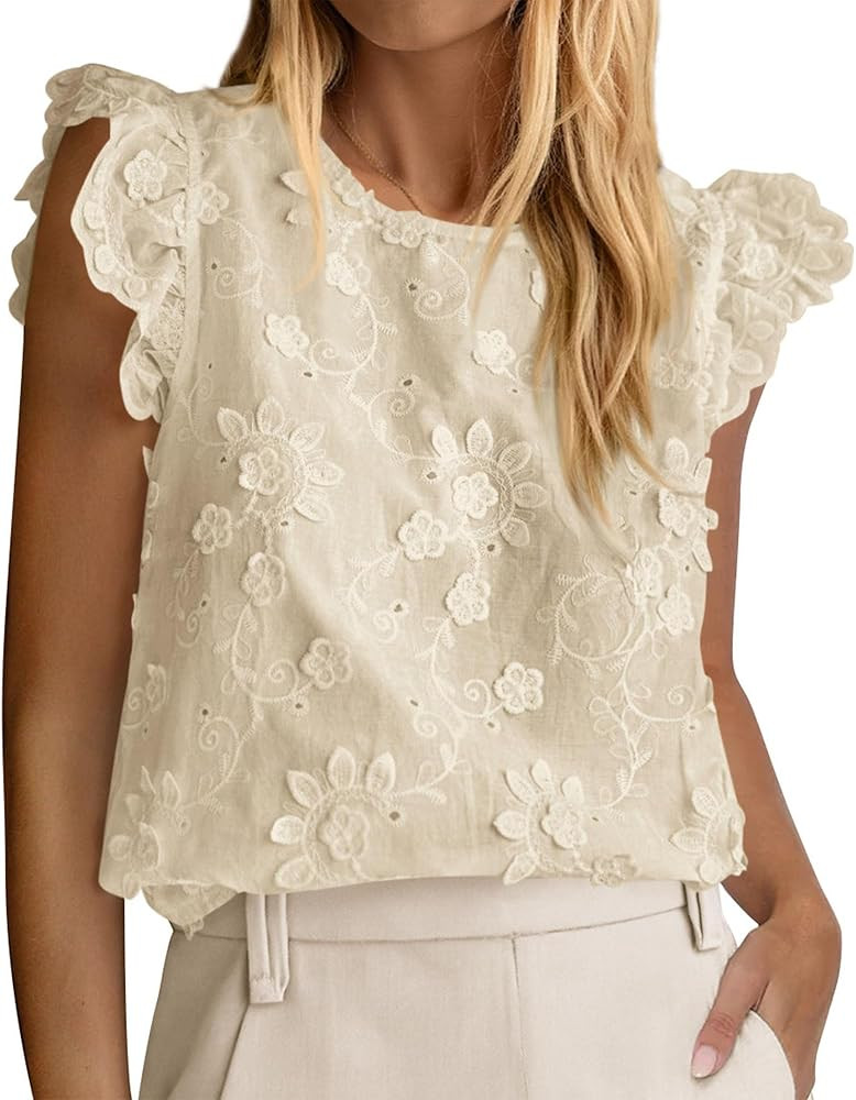 KIRUNDO Summer Blouses For Women 2026 Cap Sleeve Tops Casual Ruffle Lace Floral Embroidered Cute ... | Amazon (US)