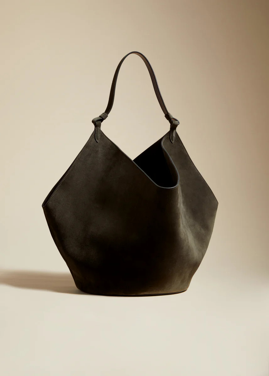 The Medium Lotus Tote in Dark Olive Suede | Khaite