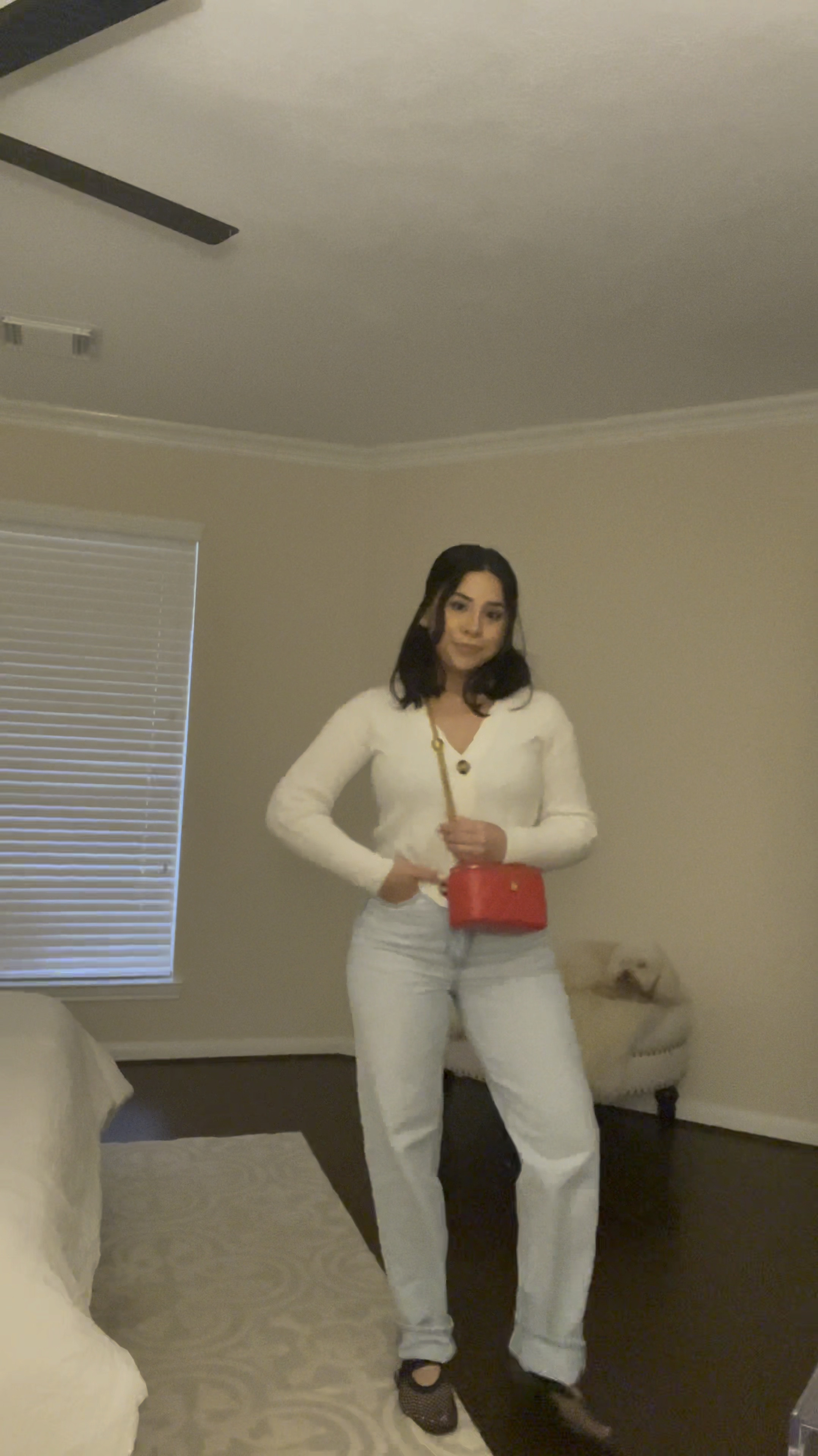 Casual outfit idea 
Cream cardigan: xs 
Light wash straight leg jeans: 2 short 
Black mesh ballet flats: 6.5 
Red Chanel sweetheart vanity bag
Gold dainty initial necklace 

#LTKFindsUnder100 #LTKPetite #LTKStyleTip