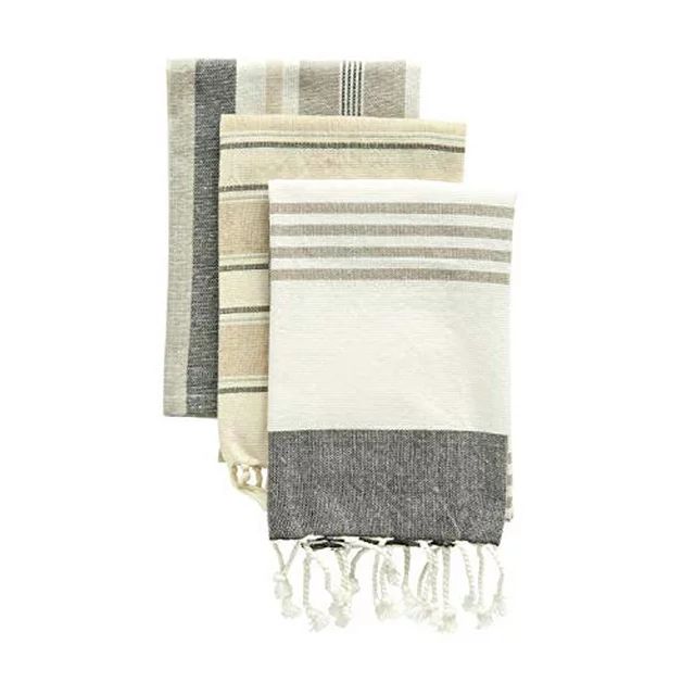 Creative Co-Op Grey & Tan Striped Cotton Tea Towels with Tassels (Set of 3) Entertaining Textiles... | Walmart (US)