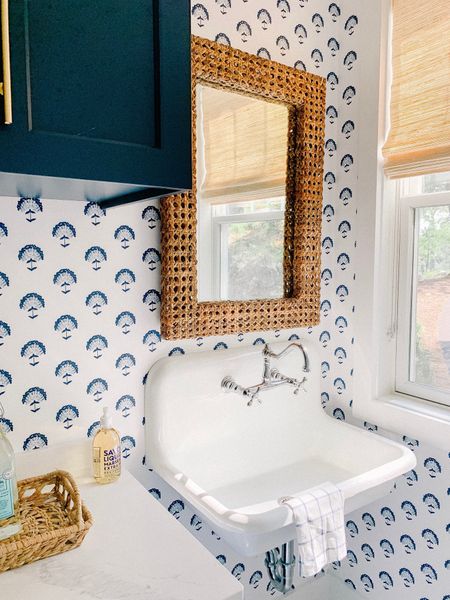 Serena and Lily, farm sink, bridge faucet, blue and white wallpaper, blue and white home, coastal home, decor, blue and white, cane mirror, rattan, preppy, home style, traditional home, Beachhouse style,  Margaret of York interiors 

#LTKhome