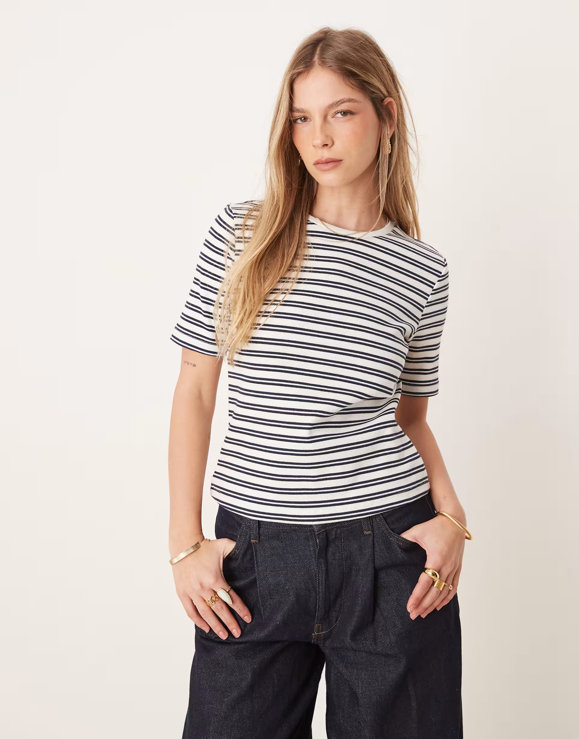 Vila ribbed short sleeve tee in navy and white stripe | ASOS | ASOS (Global)