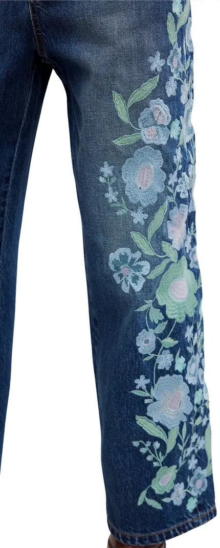 Free People Deep Trance Floral Embroidered Nonstretch Wide Leg Jeans | Nordstrom | Nordstrom