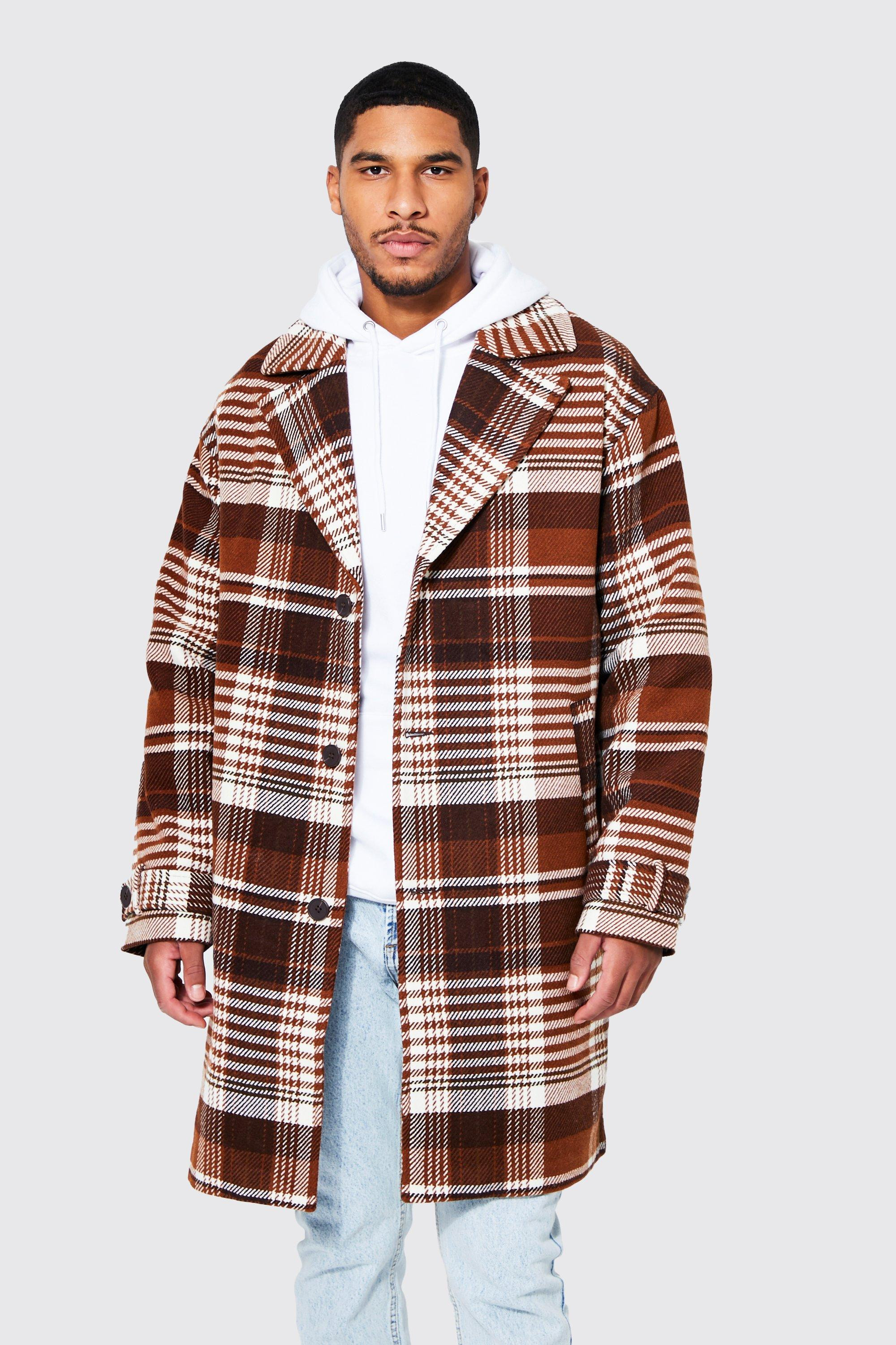 Tall Wool Look Check Single Breasted Overcoat | boohooMAN (DE, IE & UK)
