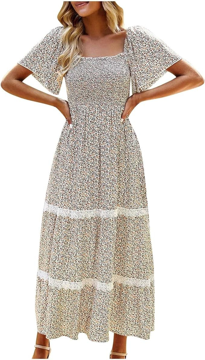 Women's Square Neck Short Sleeve Dress Off Shoulder Ditsy Floral Casual Shirred Smocked Boho Maxi... | Amazon (US)