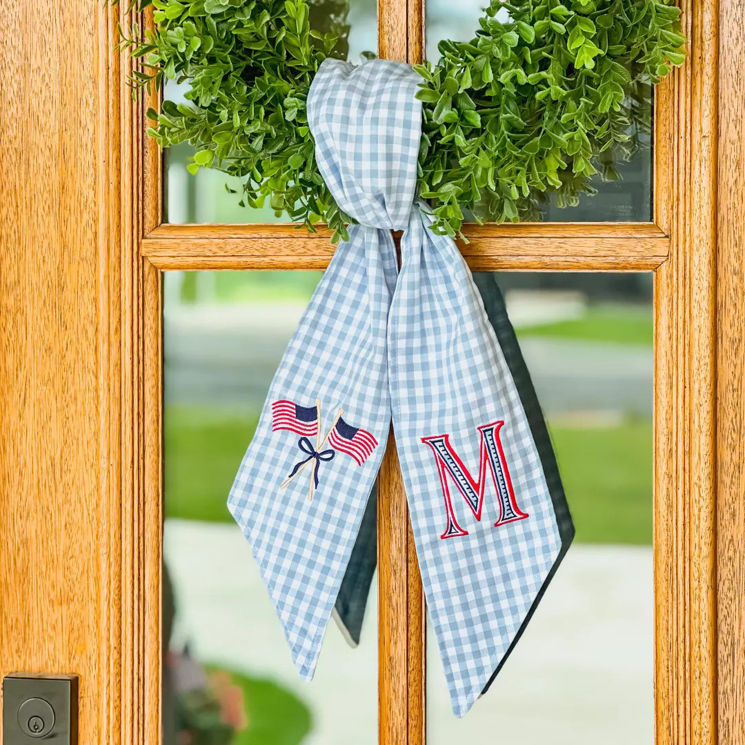 Embroidered Patriotic Wreath Sash, Gingham, White, Red, Wreath Tie, Monogrammed Door Bow, 4th of ... | Etsy (US)