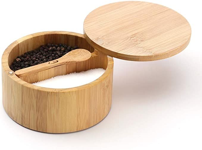 KITCHENDAO Bamboo Salt and Pepper Box - Built-in Serving Spoon to Prevent Lost - Swivel Lid with... | Amazon (US)