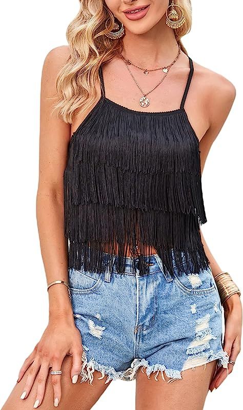 Milumia Women's Layered Fringe Trim Camisole Lace Up Tied Backless Crop Cami Tops | Amazon (US)