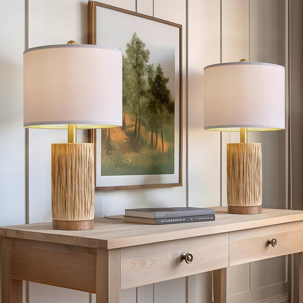 OYEARS 21" Retro Farmhouse Bedside Table Lamp Set of 2 Brown Straw Rope Vintage Nightstand Lamps ... | Amazon (US)