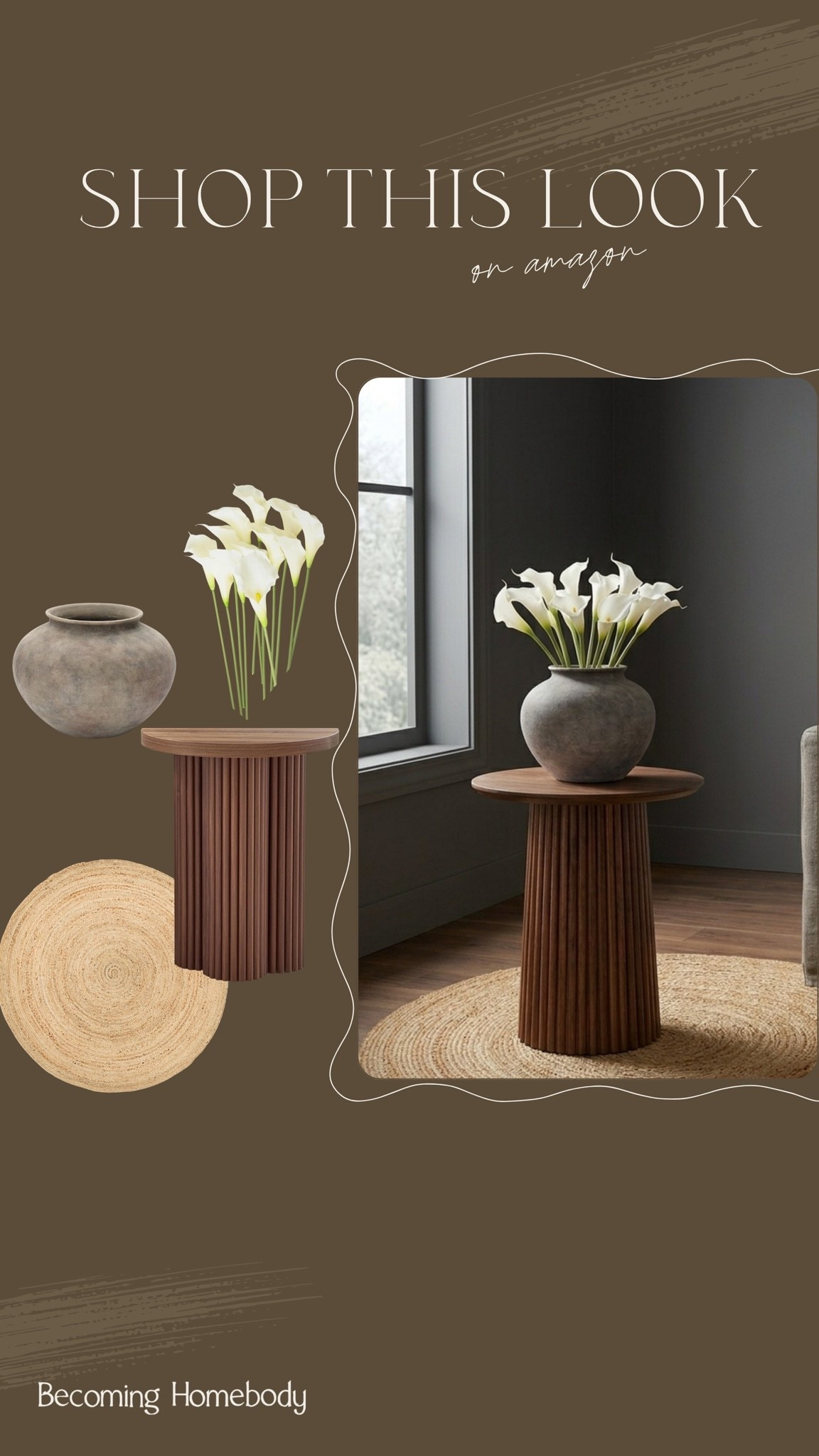 Shop this space on Amazon 🤎😍 The prettiest side table, modern vase, and Cala Lily stems!