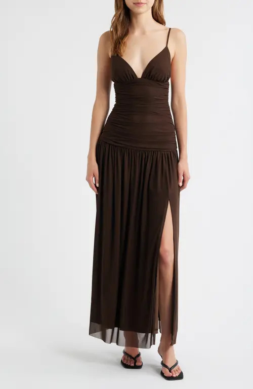 Rare London Ruched Drop Waist Sleeveless Gown in Brown at Nordstrom, Size Small | Nordstrom