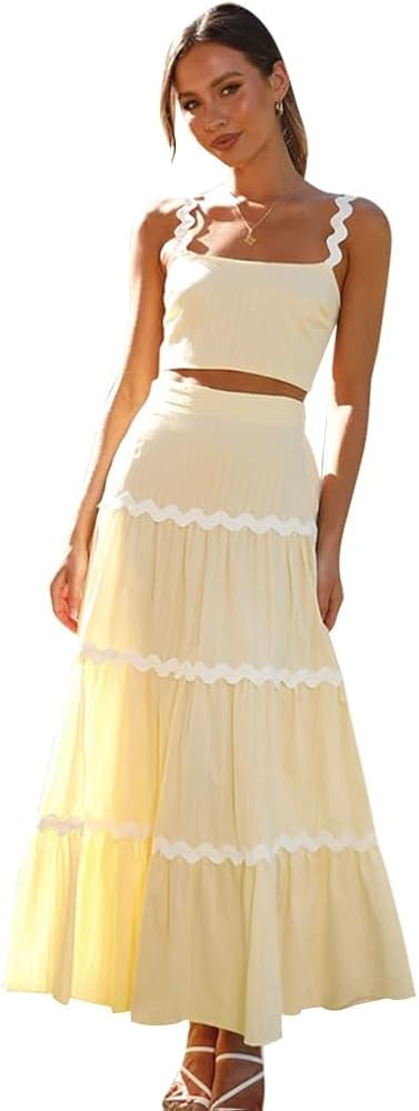 IDOPIP Women Boho Summer Camisole Top with Tiered Flowy Maxi Skirt Casual Contrast Rickrack Trim ... | Amazon (US)