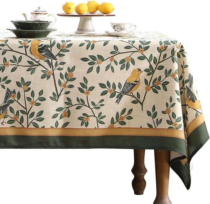 patdrea Designer Vintage French Small Rectangle Table Cloth,Green Linen Yellow Birds and Leaves P... | Amazon (US)