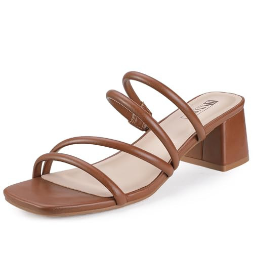 IDIFU Brown Strappy Heels for Women Low Chunky Block Square Toe Slip on Heels Party Prom Dress Shoes for Women Comfortable Slide Mules Heeled Sandals Open Toe Thick Heels(Brown Pu, 8.5 M US) | Amazon (US)