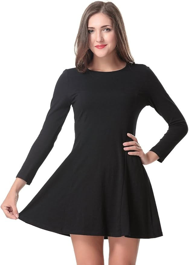 Aphratti Women's Crew Neck Long Sleeve Fit and Flare Casual Skater Dress Large Black at Amazon Wo... | Amazon (US)