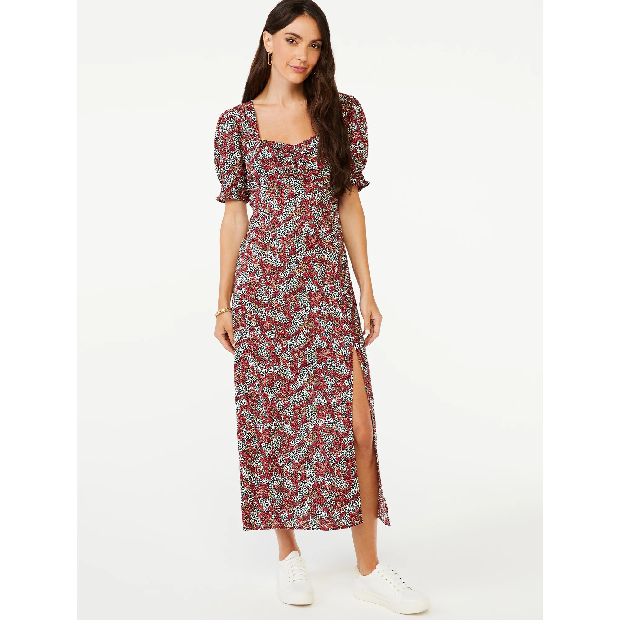 Scoop Women's Short Puff Sleeve Sweetheart Midi Dress | Walmart (US)
