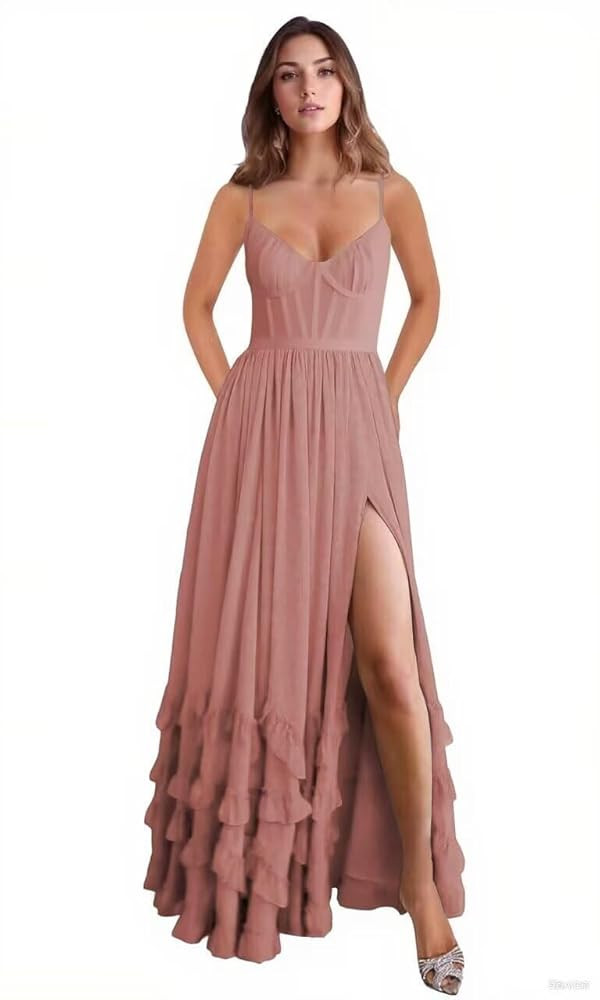 Floral Printed Ruffle Bridesmaid Dress with Slit Spaghetti Straps V Neck Chiffon Formal Evening M... | Amazon (US)