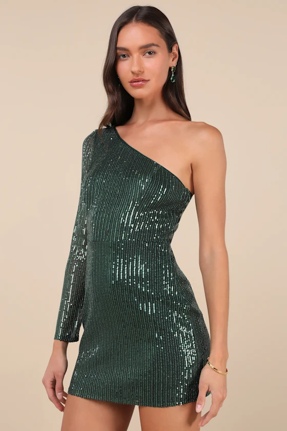 All Time Shine Emerald Sequin One-Shoulder Mini Dress | Lulus