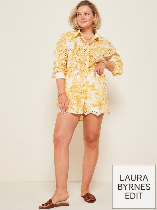 X Laura Byrnes Printed Cotton Broidery Shorts Co Ord - Yellow | Very (UK)