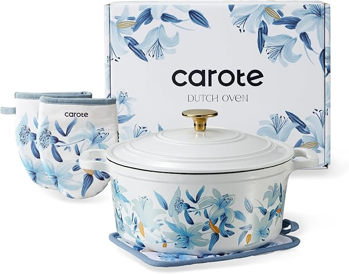 CAROTE Cast Iron Dutch Oven Pot with Lid, 5 QT Enameled Floral Dutch Ovens with Cotton Potholders... | Amazon (US)