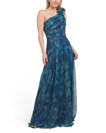 One Shoulder Organza Gown With Floral Applique for Women | Polyester/Metal | Marshalls