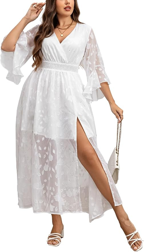 Wedding Guest Dress Plus Size Ruffle Bell Sleeve V Neck A Line Flowy Empire Waist Maxi Dresses wi... | Amazon (US)