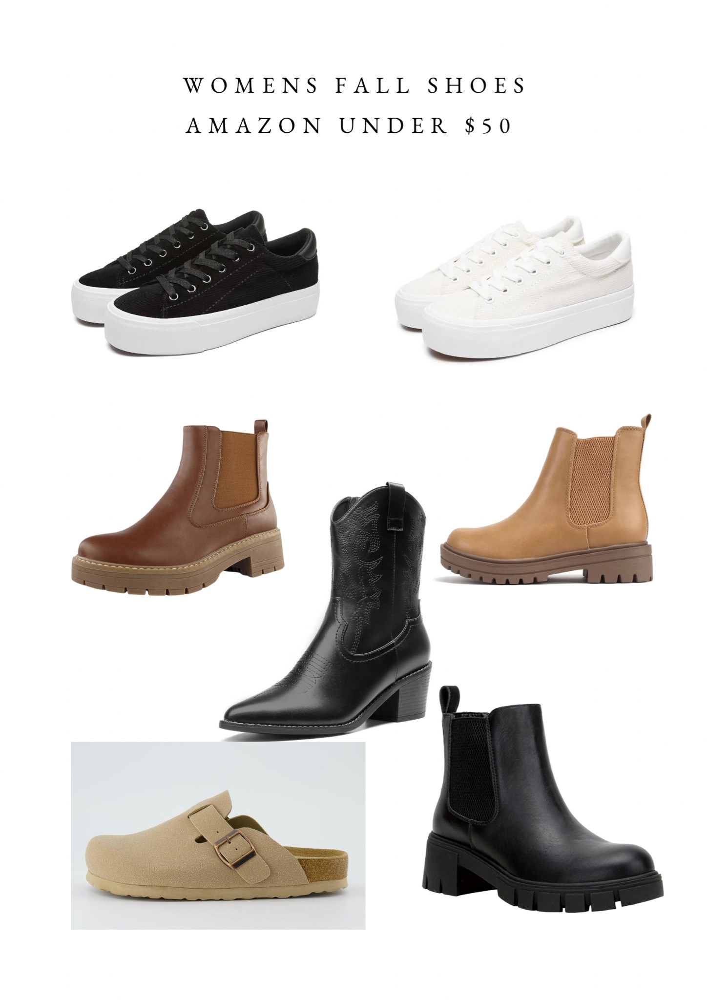 Trendy fall shoes, all under $50! 

#women #womensfashion #womensshoes #fall #fallshoes #amazom #amazonfinds #amazonunder50 #sneakers #boots #westernboots #womensfashion #amazonfashion #splurgeorsave

#LTKunder50 #LTKSeasonal #LTKshoecrush