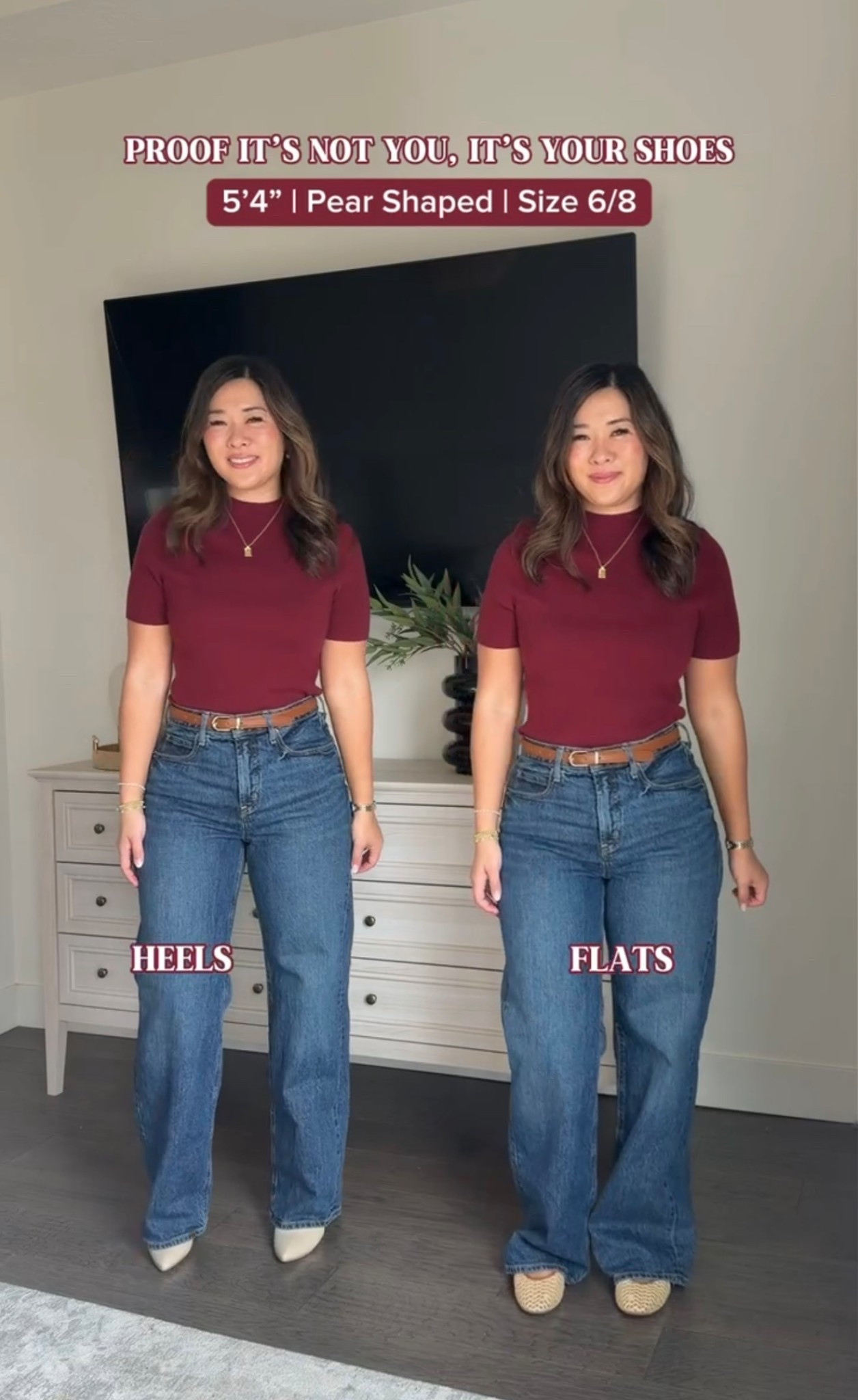 It’s not your body, it’s your shoes!! Proof that picking the right shoes to wear with your outfit, can change the look!

Short Sleeve Sweater Tee: Medium
Old Navy Wide Leg Denim: 8R

Styling tip, mom style, outfit inspo, women’s shoes, heels, flats, denim, belt

#LTKmomlife #LTKSeasonal