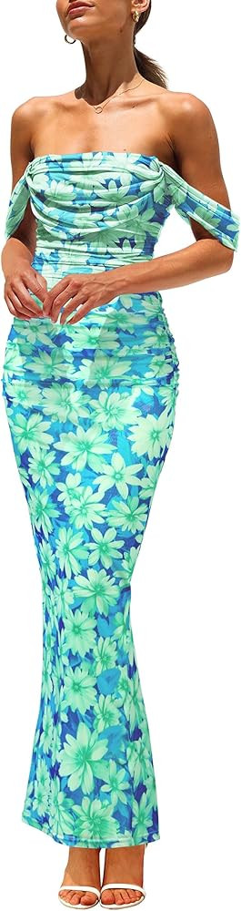 PRETTYGARDEN Women's Floral Maxi Dress 2025 Summer Off Shoulder Mesh Elegant Cocktail Party Ruche... | Amazon (US)