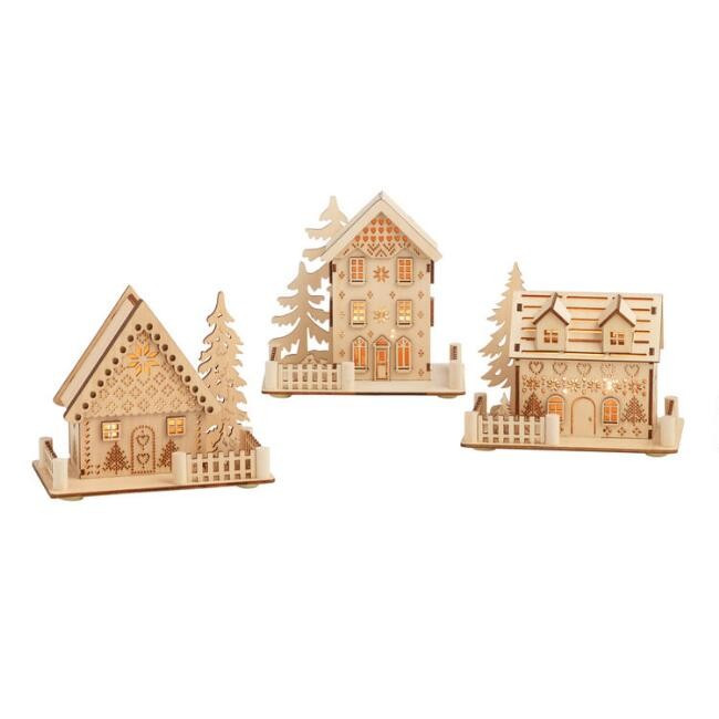 Wood Snowy Nordic House LED Light Up Decor Set of 3 | World Market