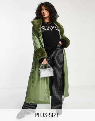 Reclaimed Vintage Plus longline leather look trench with detachable faux fur collar in sage | ASOS (Global)