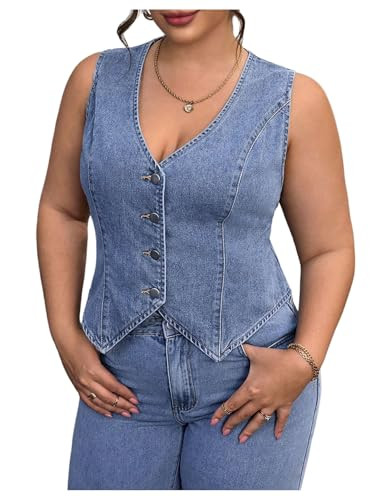 Floerns Women's Plus Size Sleeveless Vest Denim Jacket Button Front V Neck Waistcoat | Amazon (US)