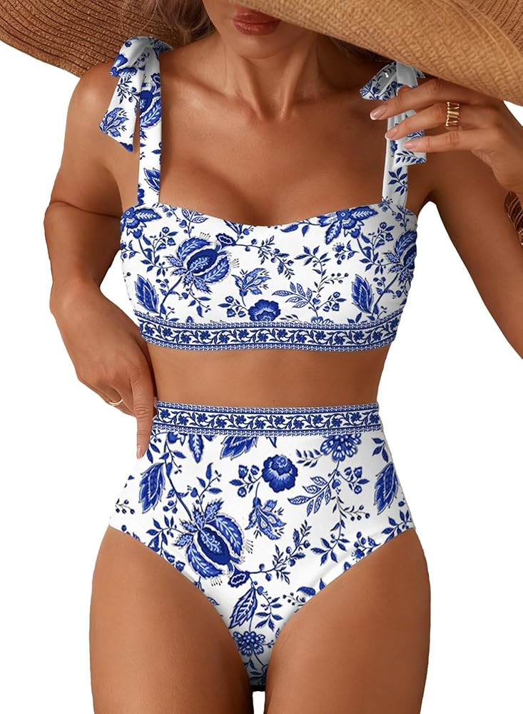 Herseas Women's Tie Shoulder Bikini Sets 2 Piece Striped Swimsuits High Waisted Bathing Suits | Amazon (US)