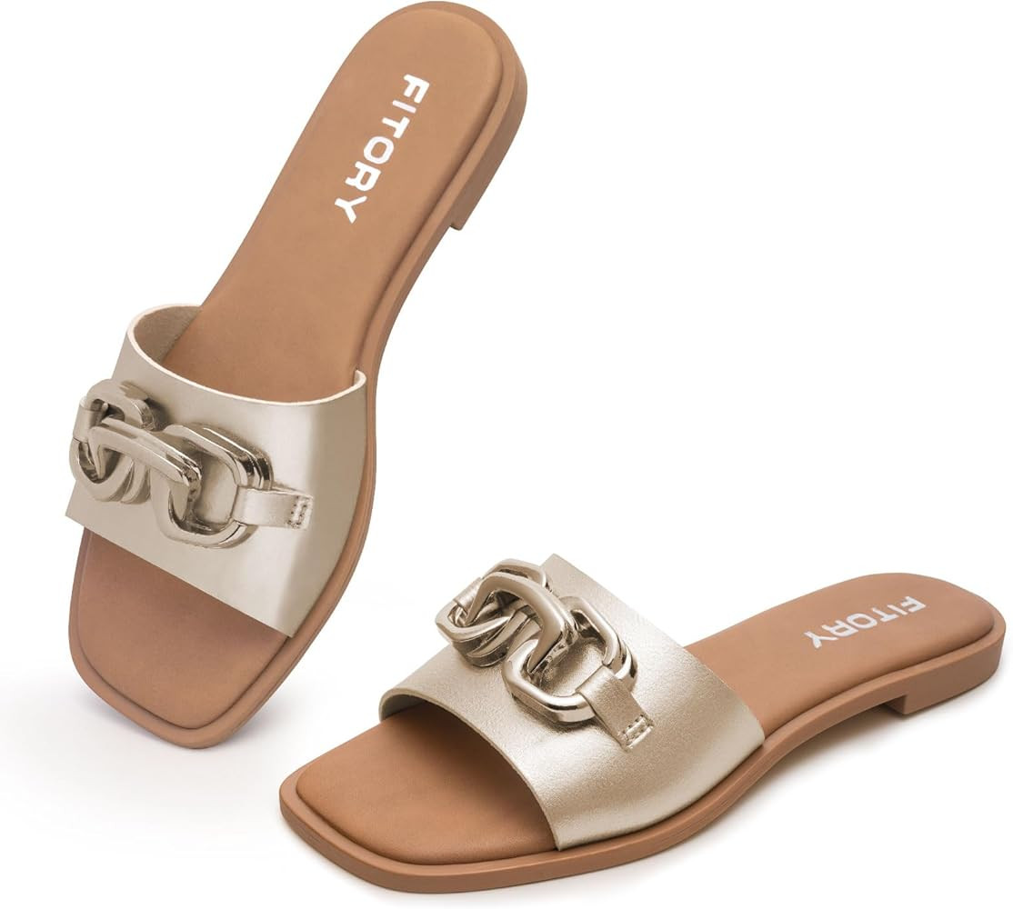 FITORY Women's Flat Sandals Fashion Slides With Soft Leather Slippers for Summer Size 6-11 | Amazon (US)