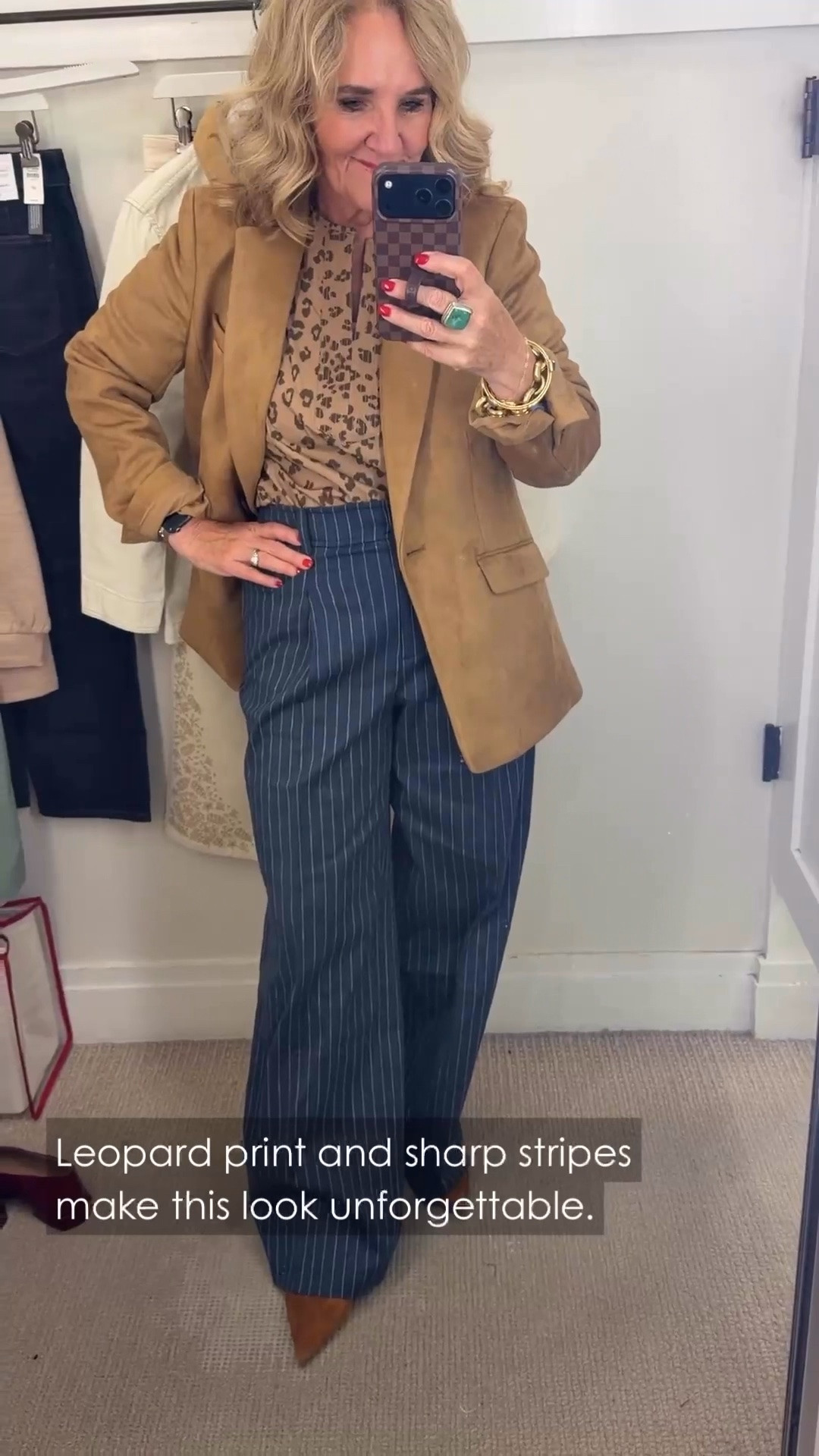 This camel suede blazer and striped wide-leg pants create such a polished, sophisticated look. The leopard-print top adds just enough personality while the tonal pointed-toe shoes keep everything streamlined.

💡 LTK MADE EASY
❤️ Heart = Support my posts!
🔖 Save = Get sale & restock alerts
📋 Lists = Keep favorites organized
📲 Share = Send lists and products to a friend. Hello, Christmas List!
💬 Comment = Ask me anything about what I'm wearing.:-)

#LTKdayinmylife #LTKgrwm #LTKootd