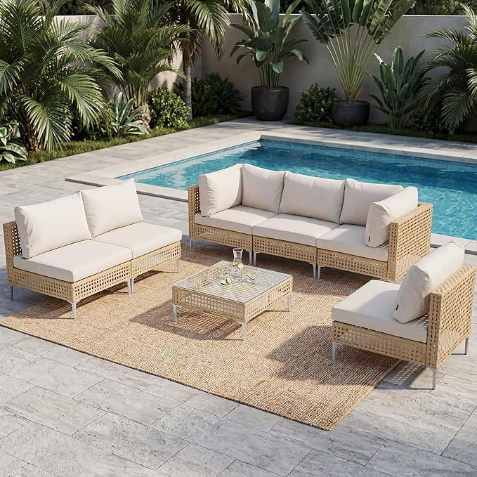 Grand patio 7-Piece Wicker Patio Furniture Set, Boho Outdoor Conversation Set Sectional Sofa with... | Amazon (US)
