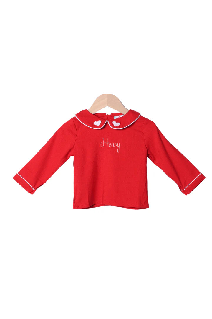 Embroidered Heart Red Linen Shirt | The Smocked Flamingo