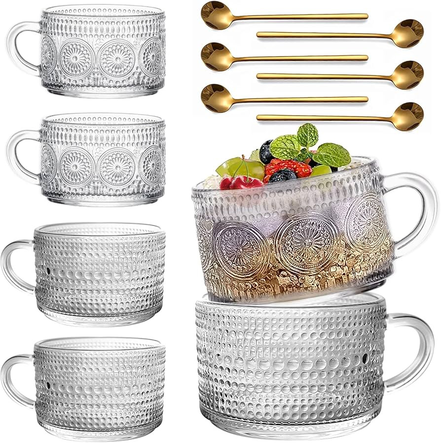 JVJRFQ Vintage Glass Coffee Mugs Gifts for Women 14 Oz Set of 6 Clear Embossed Tea Cups, Overnigh... | Amazon (US)
