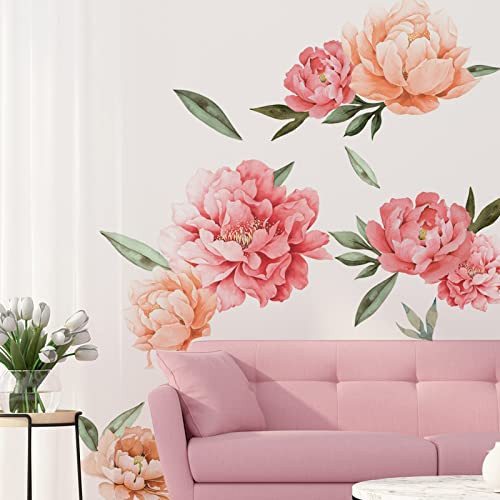 Peony Flowers Wall Decals, Watercolor Elegant Peonies Rose Floral Wall Stickers, FODIENS Pink Blossom Flower Wallpaper Art Applique for Living Room Bedroom Girls Room | Amazon (US)