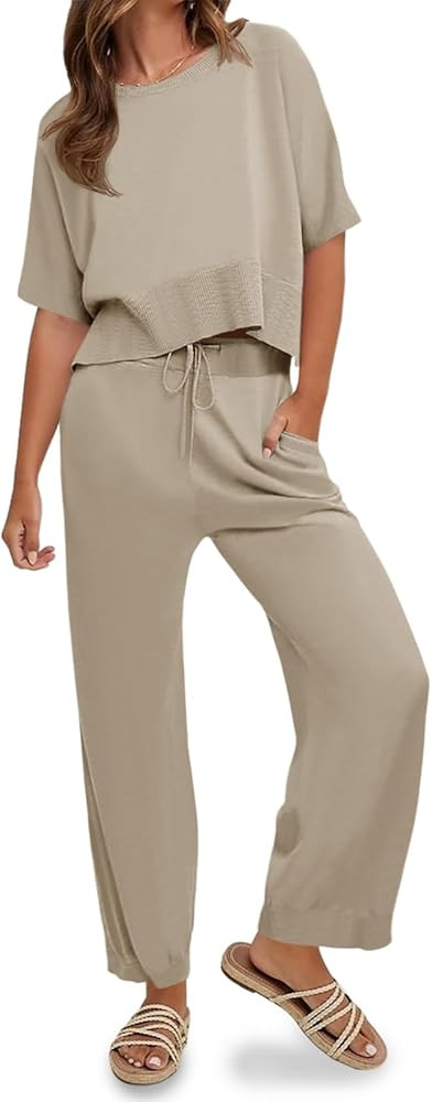 Fisoew Womens 2 Piece Outfits Sweater Sets Knit Split Crop Tops High Waisted Pants Lounge Set | Amazon (US)