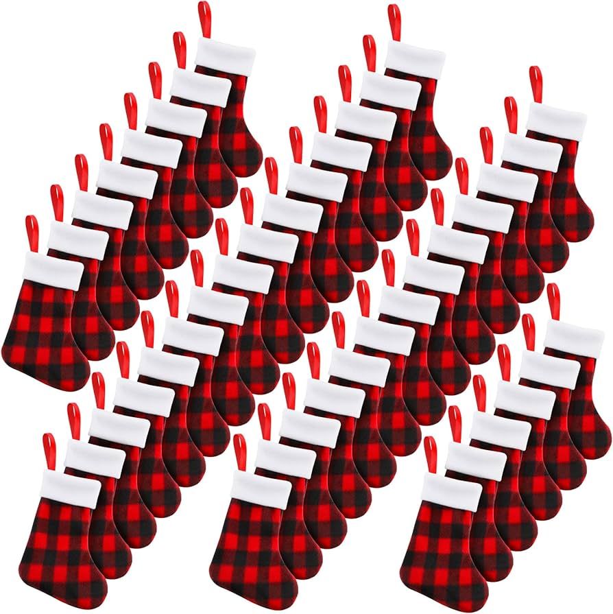 BBTO Plush Cuff Christmas Stockings Buffalo Plaid Hanging Stockings Xmas Mini Stocking Socks Decorat | Amazon (US)