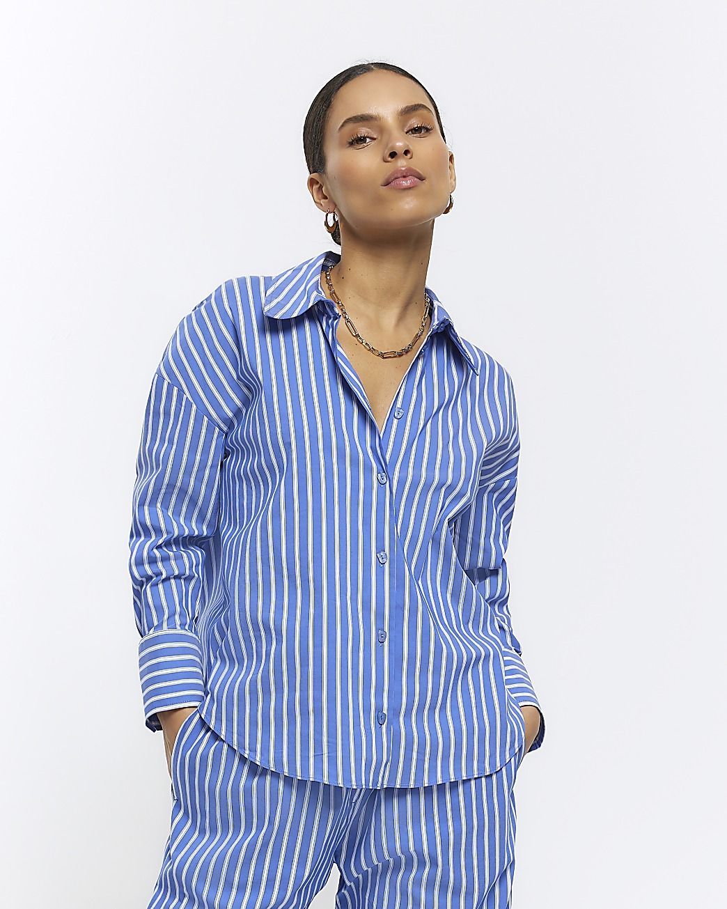 Petite blue stripe long sleeve shirt | River Island (UK & IE)