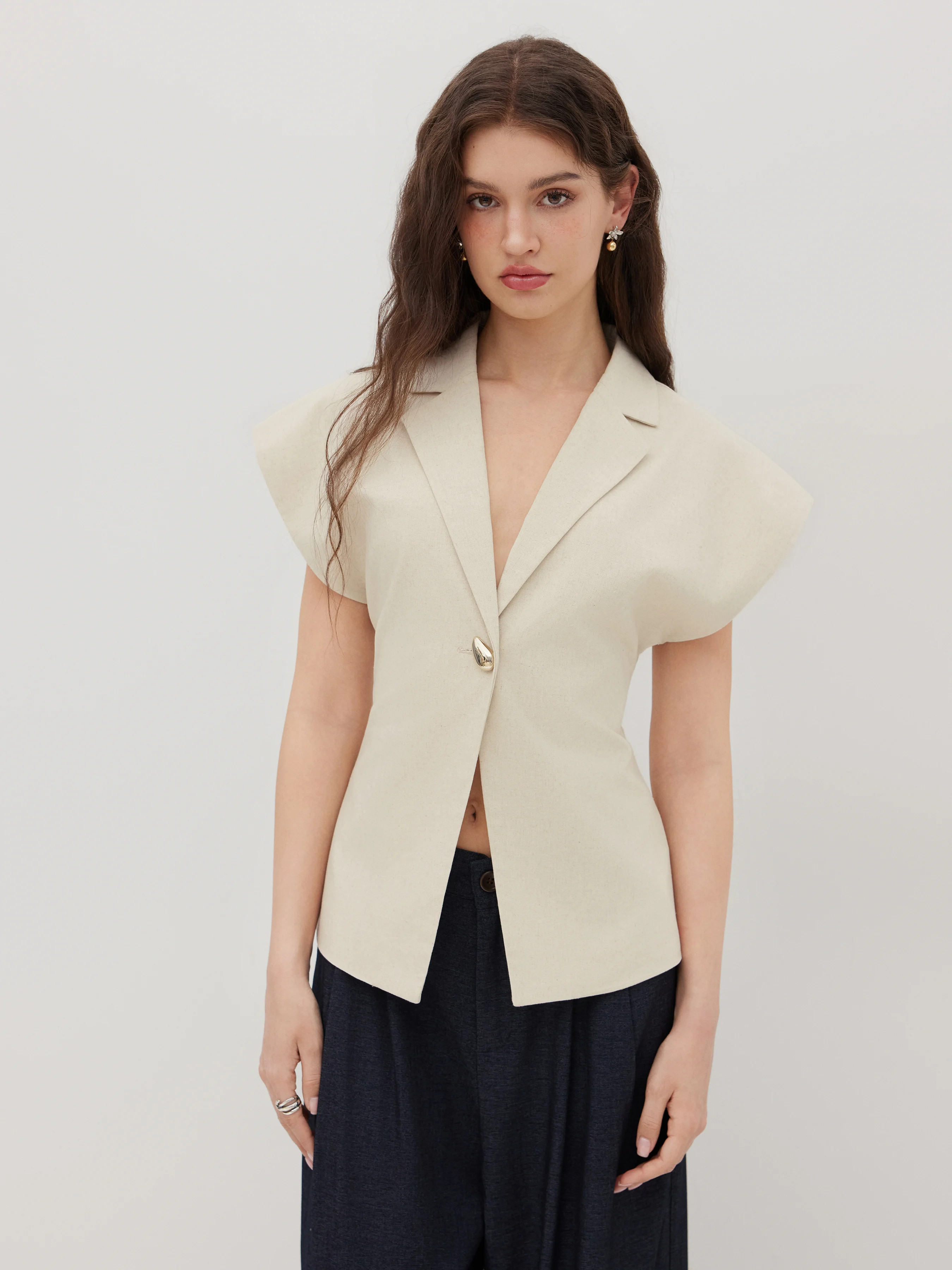 Linen-blend Linen-blend V-neck Dolman Sleeve Blazer Vest For Work | Cider