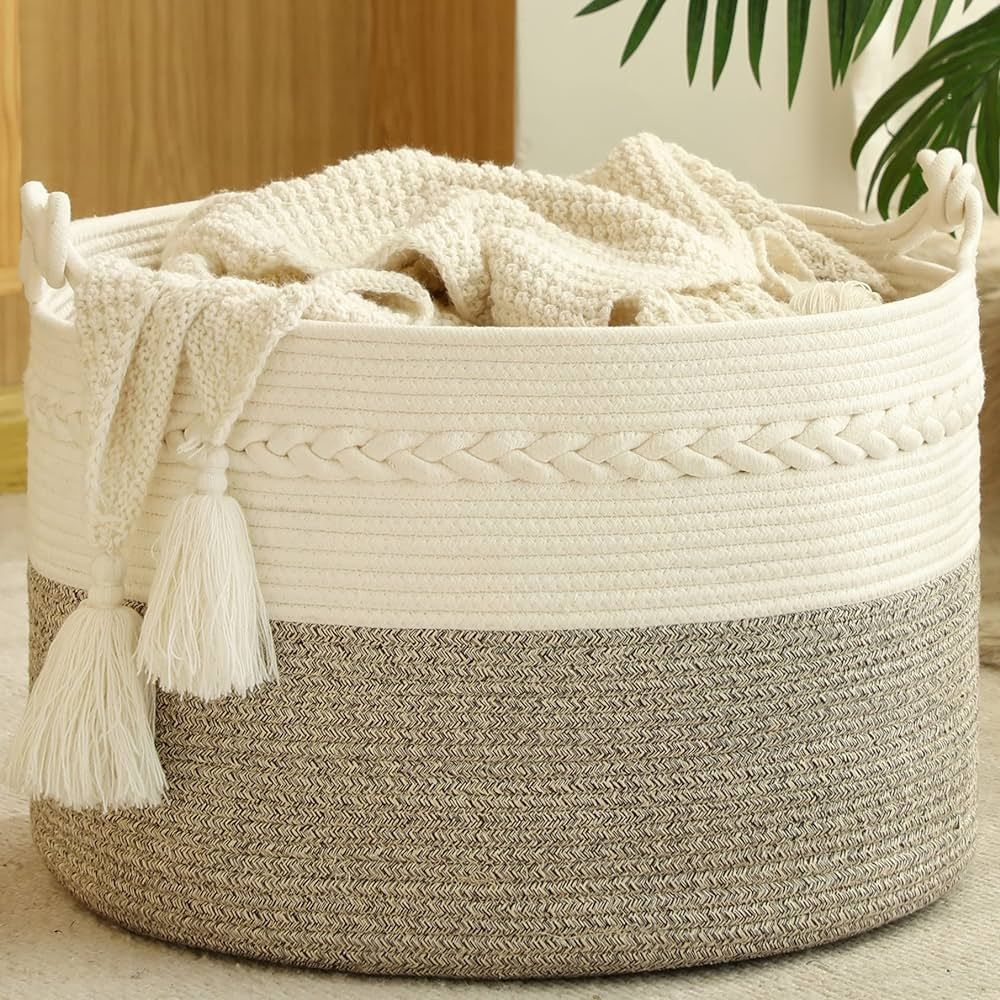 KAKAMAY Large Blanket Basket (20"x13"),Woven Baskets for storage Baby Laundry Hamper, Cotton Rope... | Amazon (US)